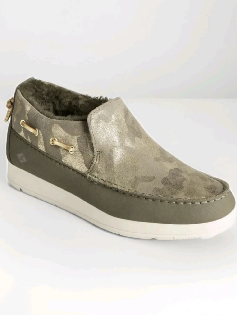 NEW Sperry Moc-Sider Slip-On Shoes Olive Green Camo Leather Faux Fur Lined Sz 8